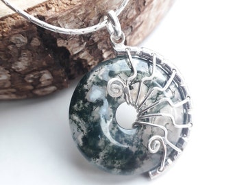 Moss agate and silver necklace, wire wrapped gemstone donut, moss agate pendant.