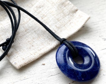 Mans gemstone necklace, blue Sodolite donut pendant, 30mm Pi  necklace, cotton anniversary