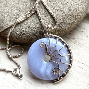 Blue lace agate and silver wire wrapped fossil necklace , handmade  one of a kind  lace anniversary gift for wife,