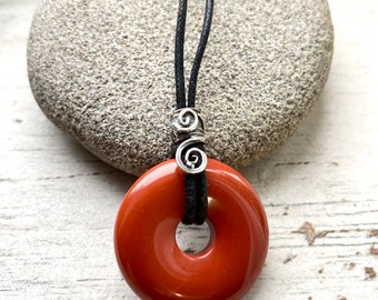 Mans Red jasper necklace, mans pendant on black vegan cord.  Red jasper Pi necklace,  amulet for protection. gift for courage.