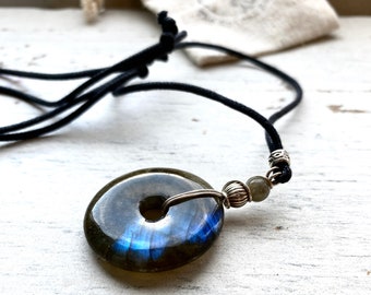 Labradorite pendant necklace, crystal healing stone wrapped in silver, folk style  festival jewellery, gift for her.