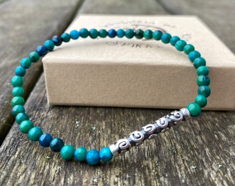 Chrycocolla bracelet with handmade silver bead, tiny bead bracelet with 925 silver accent bead. A dainty crystal bracelet, mothers day gift