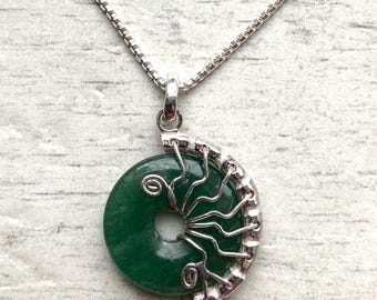 Collar de cristal de aventurina: colgante de alambre de plata de ley, piedra curativa