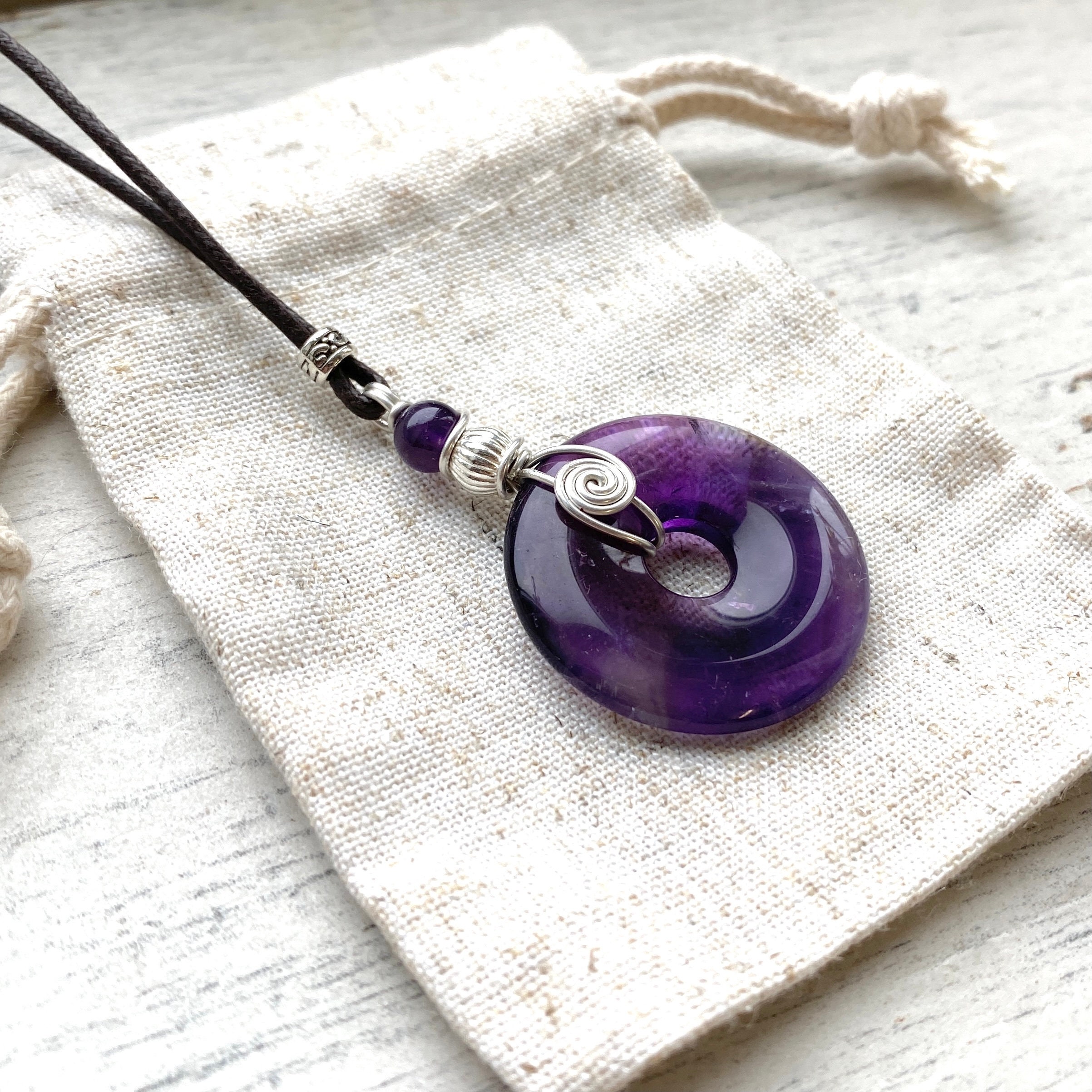 Large 30mm AA Amethyst Donut Pendant, Silver Spiral Wire