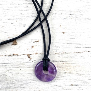 Small Amethyst donut pendant, necklace, adjustable leather or vegan cord, unisex gift for teen. Choice of stones.