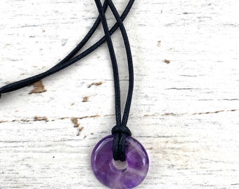 Small Amethyst donut pendant, necklace, adjustable leather or vegan cord, unisex gift for teen. Choice of stones.