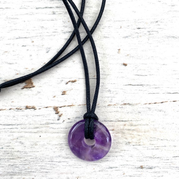 Small Amethyst Donut Pendant Necklace Adjustable Leather or