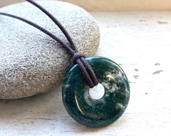 30mm Moss agate donut, Pi pendant necklace , adjustable leather with optional silver beads.