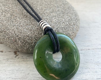 Mans Jade Donut necklace. Mans Jade pendant on leather. AA grade, Jade Zodiac star sign necklace for him,