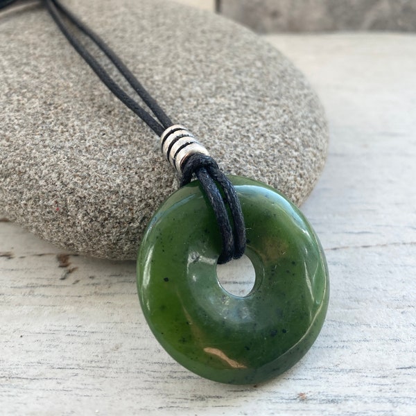 Mans Jade Donut necklace. Mans Jade pendant on leather. AA grade, Jade Zodiac star sign necklace for him,