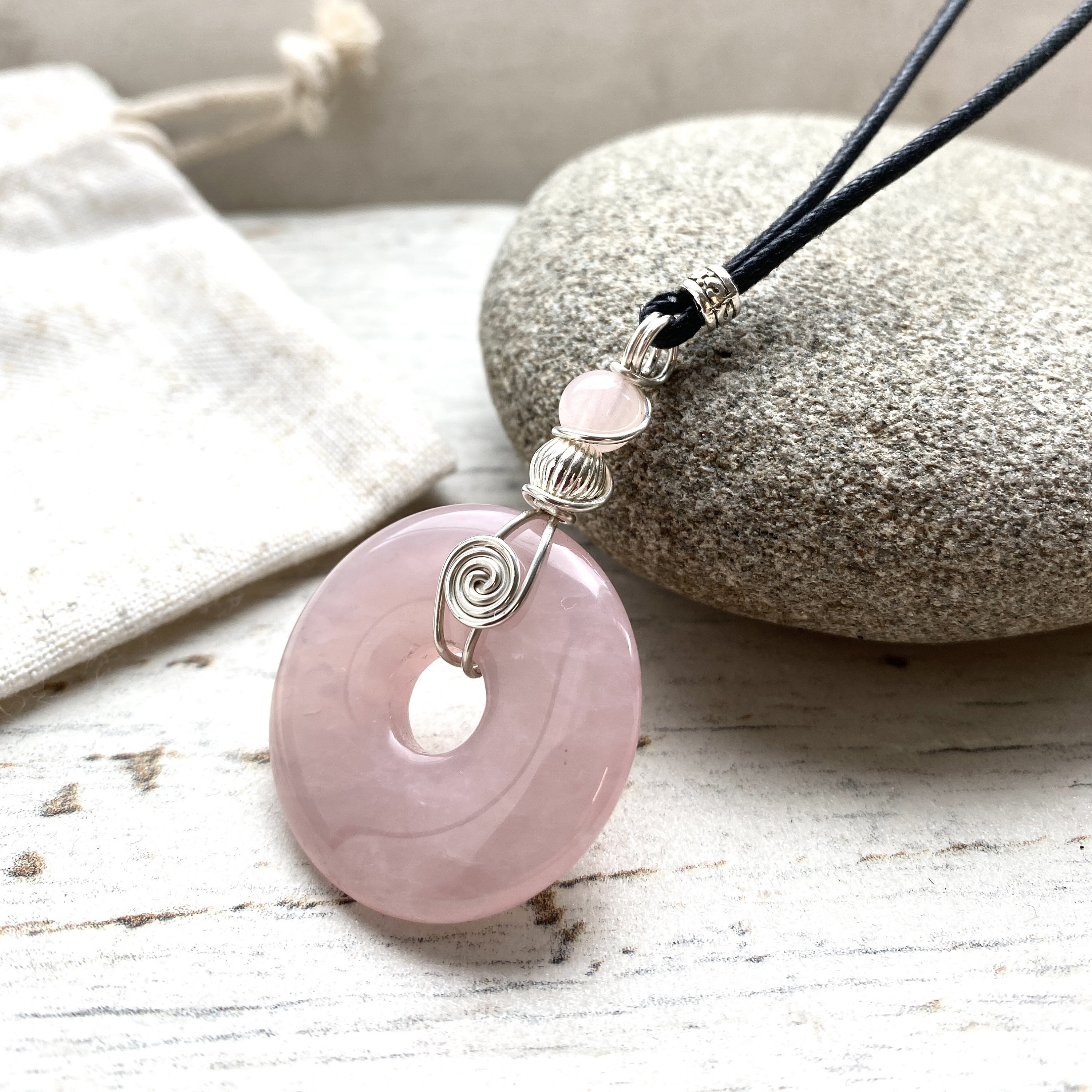 30mm Rose Quartz Donut Pendant, Wire Wrapped Sterling Silver