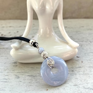 Small blue lace agate pendant, crystal necklace for protection , yoga lover gift for boho, handmade silver wire wrapped