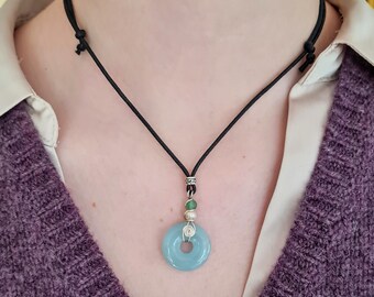 Turquoise blue Amazonite pendant for success. Silver Wire wrapped amazonite donut, vegan gift for girlfriend, adjustable cord necklace