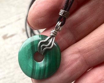 Dainty Malachite choker necklace, 20mm Pi stone pendant, on silver chain. Silver wire wrapped malachite, mothers day gift