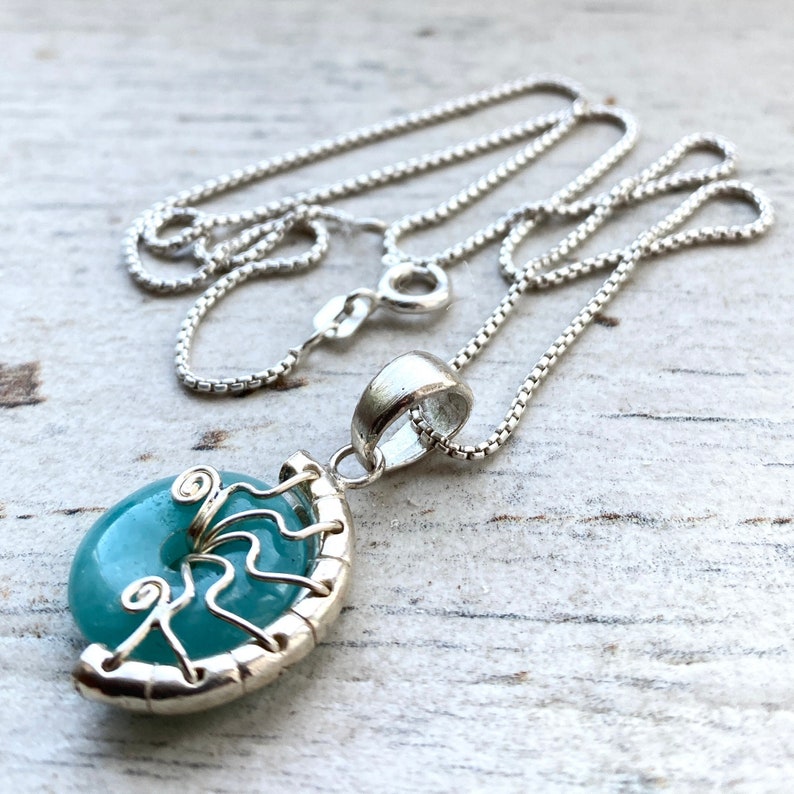 Dainty amazonite necklace, handmade in silver, crystal jewellery gift for boho teen, wire wrapped pendant . image 1