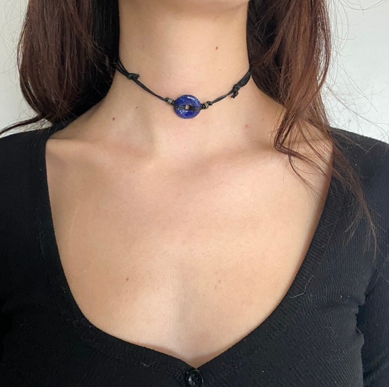 Moss agate choker , black adjustable necklace cotton cord, gemstone gift for a gothic teen. Crystal pendant Worn for courage & communication Lapis lazuli