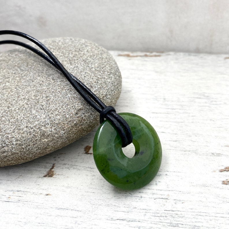 Mans Jade pendant, jade gift for luck, jade donut zodiac necklace, cotton and leather anniversary. AA grade image 7