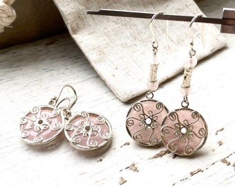 Rose quartz earrings, silver drop earrings, pink gemstone spiral earrings, boho valantines day gift for wife
