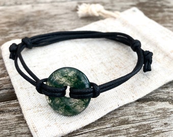 Leather and Moss Agate bracelet for man, beautiful Moss agate gemstone , adjustable bracelet, vegan gift for success.