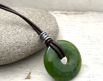 Mans Jade pendant, jade gift for luck,  jade donut zodiac necklace, cotton and  leather anniversary. AA grade