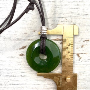 Mans Jade pendant, jade gift for luck, jade donut zodiac necklace, cotton and leather anniversary. AA grade Brown leather
