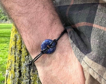 Mans Lapis lazuli leather bracelet,  adjustable size for men,  Crystal healing  , virgo birthstone or best friend gift for them