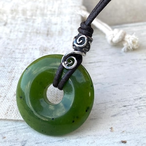 Mans Jade pendant, jade gift for luck, jade donut zodiac necklace, cotton and leather anniversary. AA grade Spiral bead