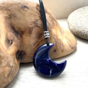 Blue sodolite moon pendant,  crescent moon necklace, Crystal moon pendant , blue moon on vegan cord, chakra gift for her,