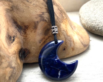 sodolite pendant,  crescent moon necklace, Crystal moon pendant , blue moon on vegan cord, chakra gift for her,