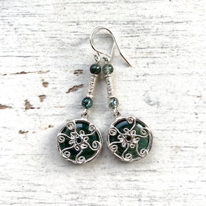 moss agate and sterling Silver drop earrings,  whimsigoth green earrings, handmade spiral earrings for her, gift for nature lover