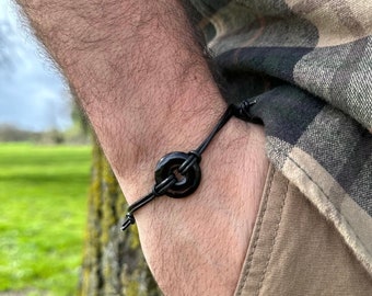 Mans Black Obsidion bracelet. Adjustable leather bracelet strap, rustic gift for dad. Vegan alternative available