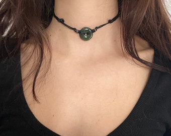 Moss agate choker , black adjustable necklace cotton cord, gemstone gift for a gothic teen. Crystal pendant Worn for courage & communication