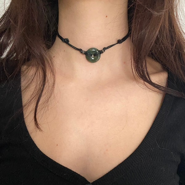 Moss agate choker , black adjustable necklace cotton cord, gemstone gift for a gothic teen. Crystal pendant Worn for courage & communication