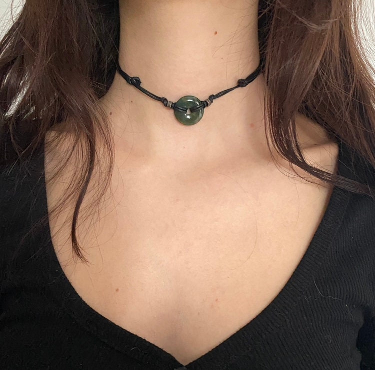 Moss agate choker , black adjustable necklace cotton cord, gemstone gift for a gothic teen. Crystal pendant Worn for courage & communication