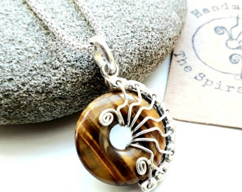 womans Tigers eye pendant, small silver wire wrap donut necklace, gemstone whimsigoth pendant for success