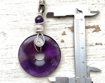 large AA quality Amethyst donut pendant, sterling silver wire wrapped stone necklace, mindfulness gift for yoga lover.