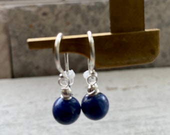 Small Lapis Lazuli drop earrings, sterling silver round blue ball earrings,  gift for her.