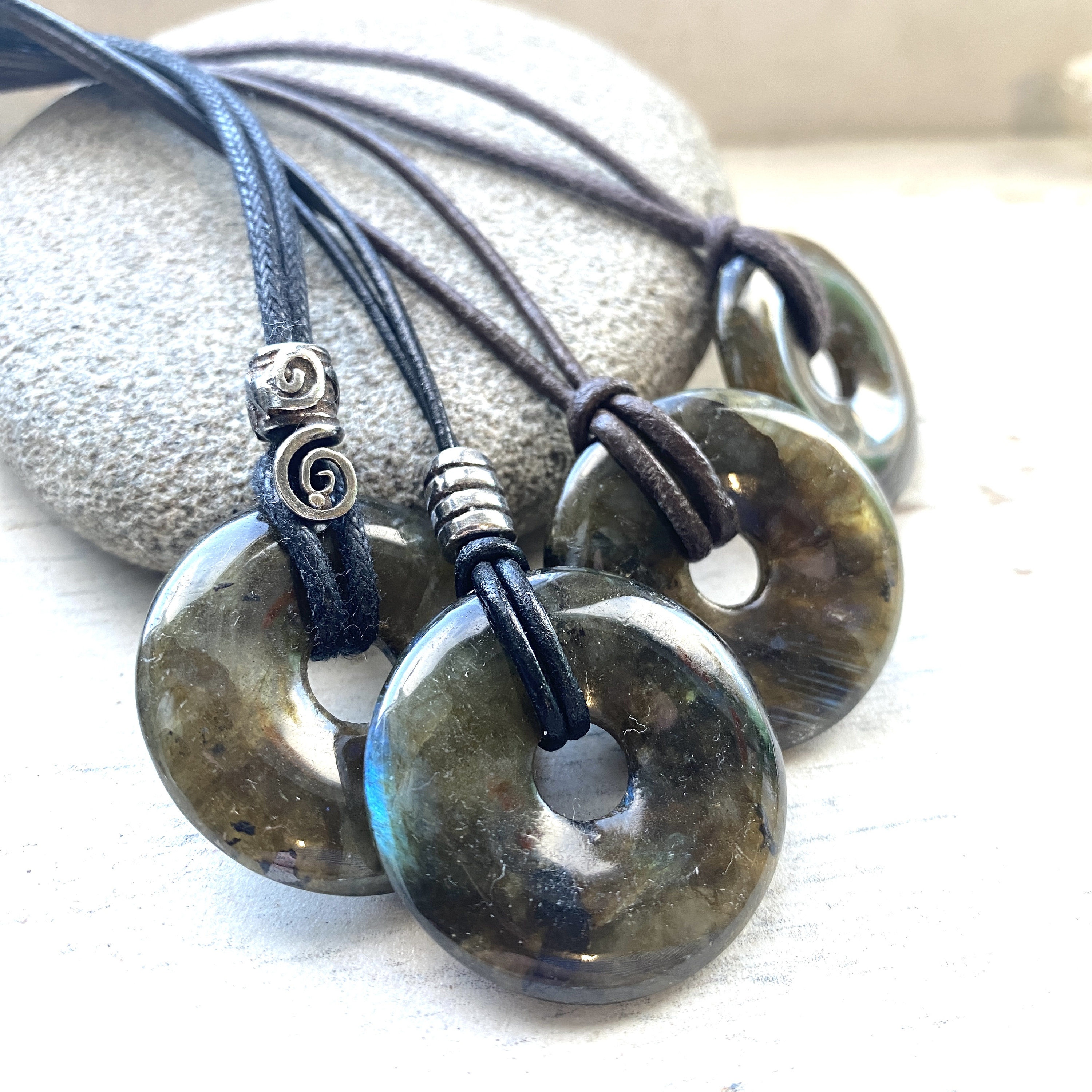 Mans Labradorite Pi stone donut pendants, adjustable crystal necklace, leather anniversary gift for him
