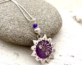 Purple sun necklace, Handmade sterling silver, Amethyst pendant, wire wrapped sun, whimsigoth boho jewellery for hippie wedding