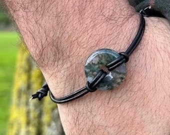 Moss agate bracelet for man, Tree Agate with vegan cord, adjustable bracelet, grounding gift for infinity