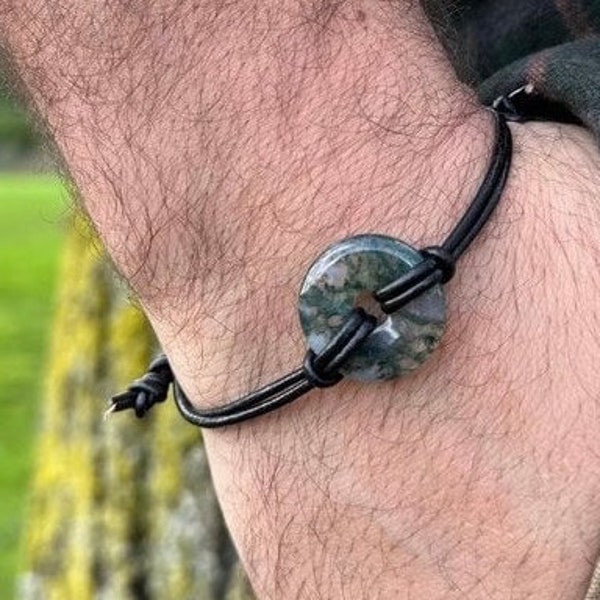 Moss agate bracelet for man, Tree Agate with vegan cord, adjustable bracelet, grounding gift for infinity