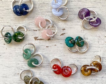 Sterling silver hoop earring with gemstone donuts, secure hoops with beads, birthstone gift for birthday,