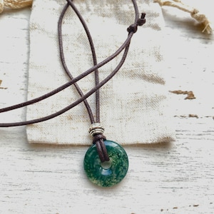 Moss agate unisex pendant,  crystal Pi  healing stone, rustic green necklace gift for nature lover gift, gemstone donut