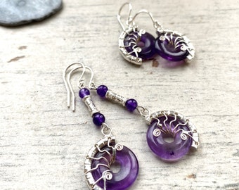 Long amethyst and Silver earrings, wire wrapped asymmetric Handmade earrings , purple earrings whimsiegoth