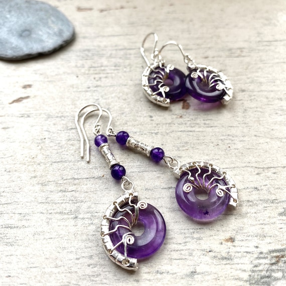 Boucles D'oreilles En Améthyste Et Argent - Fait Main, Neuves Avec étiquettes