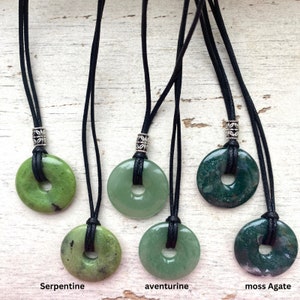 Round gemstone donut pendants, mans necklace with adjustable black cord, unisex choker healing necklace.