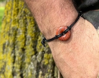 Red Jasper bracelet for men , Grounding gift, stone and leather, rustic boyfriend bracelet, chakra bracelet. Rustic gift for dad.