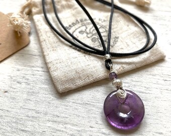 small amethyst donut necklace on black adjustable vegan cord. Silver spiral wire wrap , gift for boho teen.