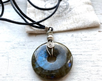 Labradorite wire wrapped donut pendant, crystal healing necklace, vegan gift for boho teen