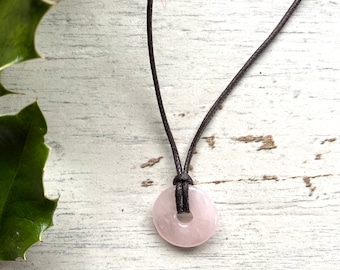 Rose Quartz Donut Pendant Necklace, Adjustable Vegan Cord